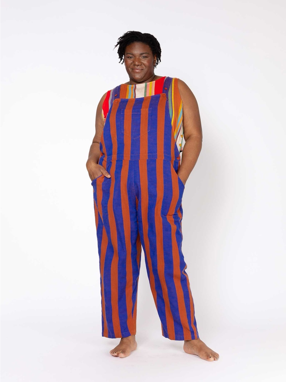Ace & Jig Striped One-Piece Overalls in Blue and Brown - Picture 6 of 6